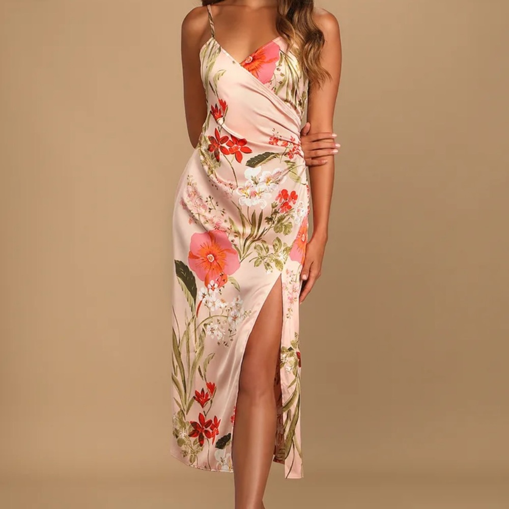 Lulus Remarkable Entrance Pink Floral Print Satin Midi Dress
